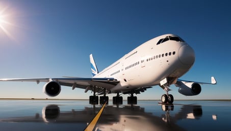 jumbo jet on that tarmac, clear blue skies.